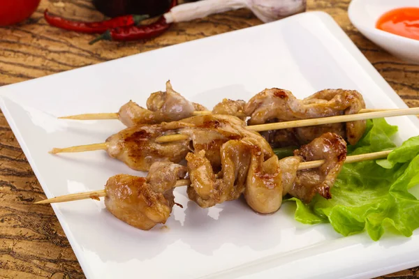 Chicken Skin Skewer Chili Sauce — Stock Photo, Image