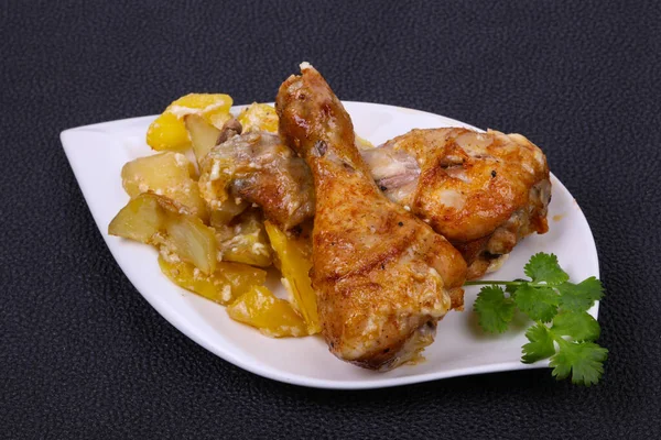 Jambes Poulet Rôties Aux Pommes Terre Cuites Four — Photo