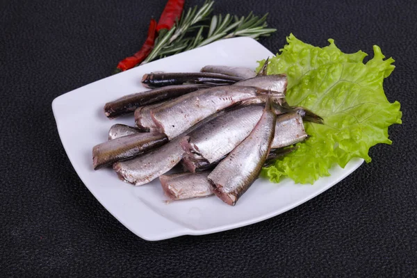 Anchovy Fish Snack Bowl Served Salad Leaves Rosemary — Stock Photo, Image