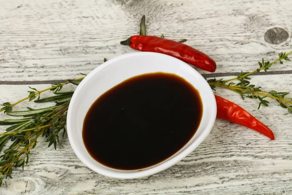 Szójaszósz Tálban Felszolgált Paprika — Stock Fotó