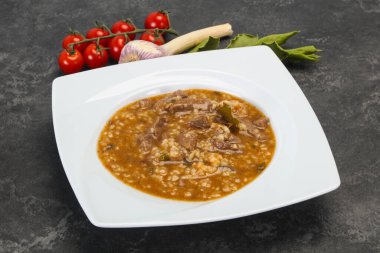 Kafkas Kharço çorbası, sığır eti ve pilav.