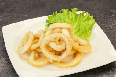 Kavrulmuş kalamar halkaları ve kasede salata.