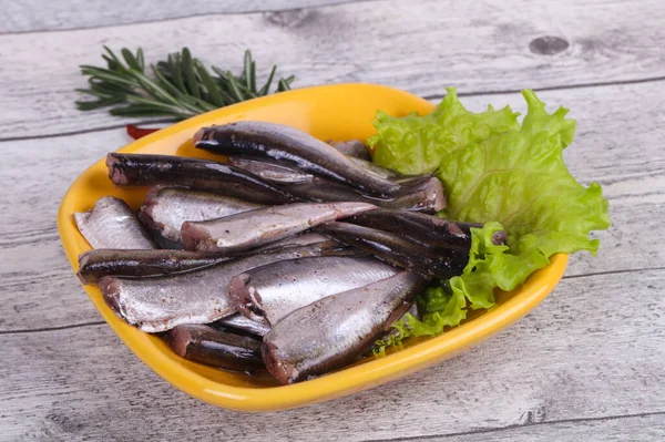 Anchovy Fish Snack Bowl Served Salad Leaves Rosemary — Stock Photo, Image