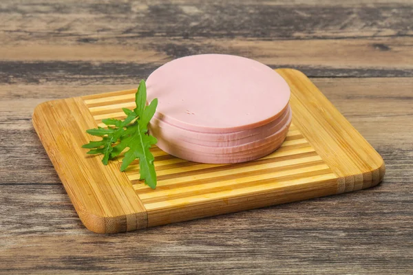 Sliced Sausage Wooden Board Served Rucola Salad — Stock Photo, Image