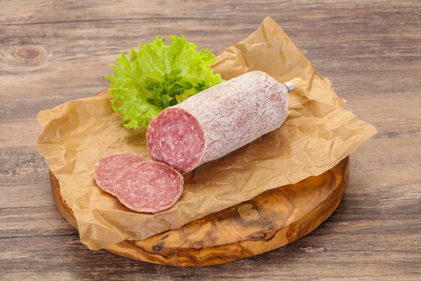 Italian Dry Saliami Pork Sausage Served Salad Leaves — Stock Photo, Image