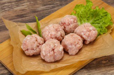 Ev yapımı çiğ domuz kıymalı köfte pişirmeye hazır.