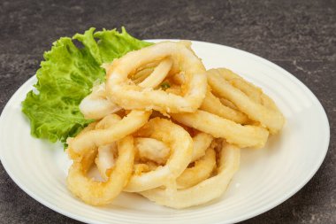 Kavrulmuş kalamar halkaları ve kasede salata.