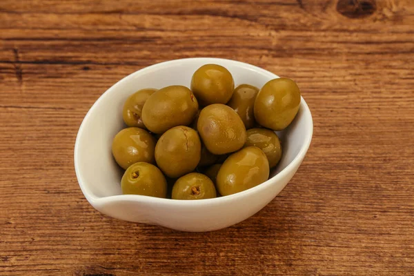 Tas Olives Marinées Vertes Dans Bol — Photo