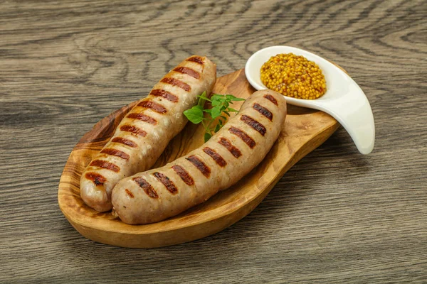 Grilled Natural Pork Sausages Mustard Sauce — Stock Photo, Image