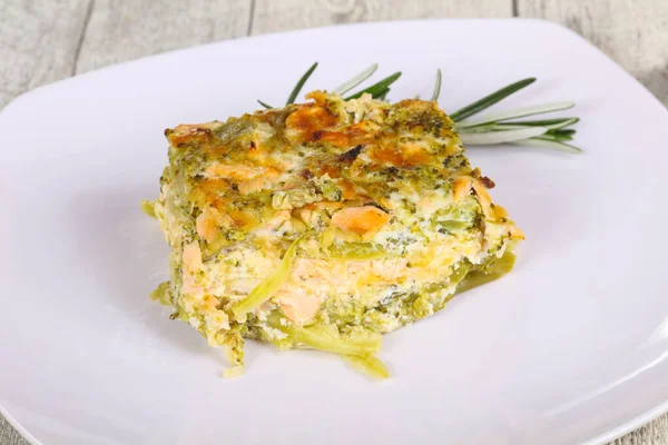 Tasty Casserole Salmon Broccoli Served Rosemary — Stock Photo, Image