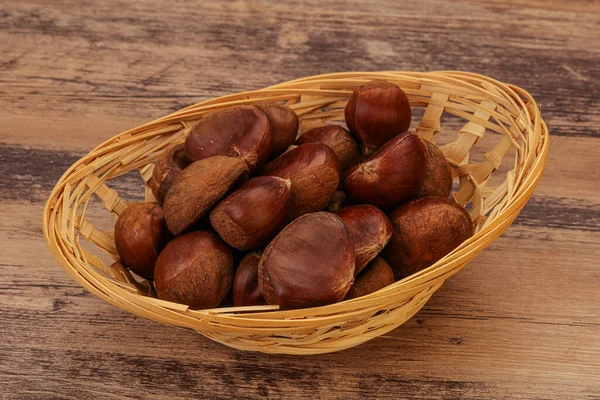 Chestnut Heap Bowl Wooden Background — Stock Photo, Image