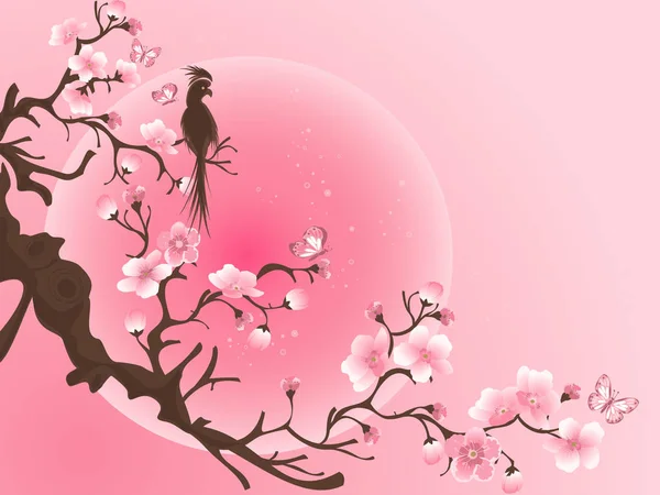 Árbol de cerezo con pájaro. Arte vectorial japonés — Archivo Imágenes Vectoriales