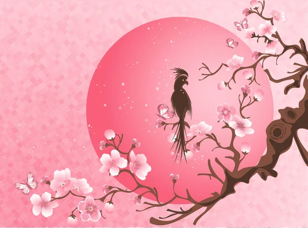 Cherry blossom träd med fågel. — Stock vektor