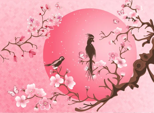 Cherry blossom träd med två fågel. — Stock vektor