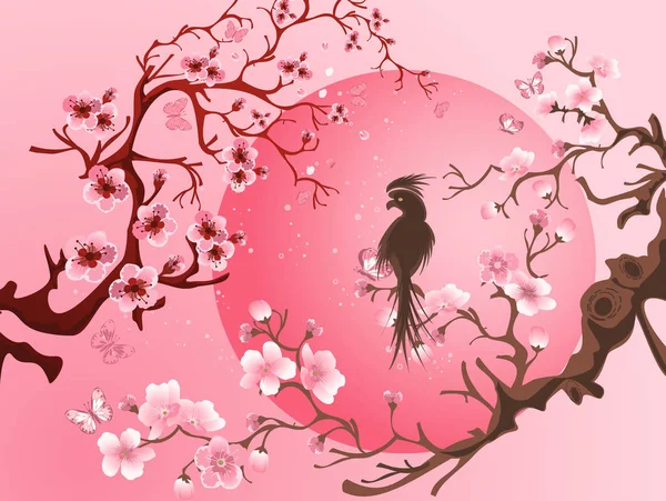 Kirschblütenbaum mit Vogel. — Stockvektor