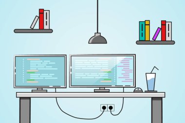 Düz tasarım. İki monitör ile yaratıcı office masaüstü çalışma alanı