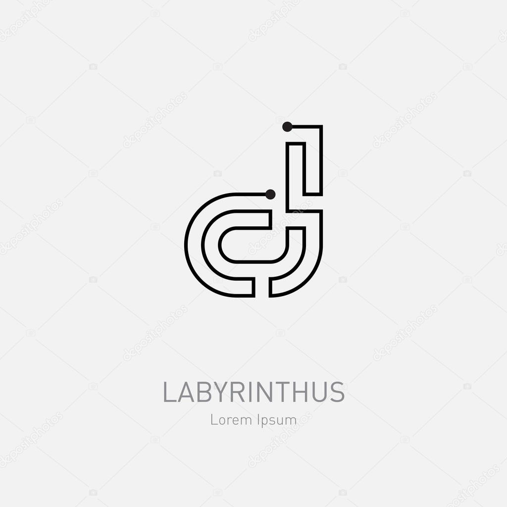 Labyrinth vector logo template. Letter D. Line art rebus, concept logotype icon