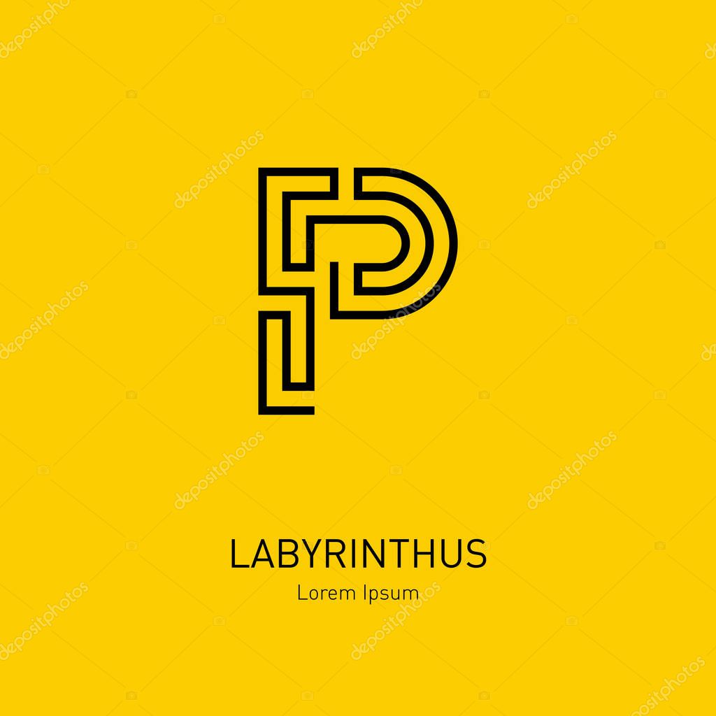 Labyrinth vector logo template. Letter P. Line art rebus, concept logotype icon