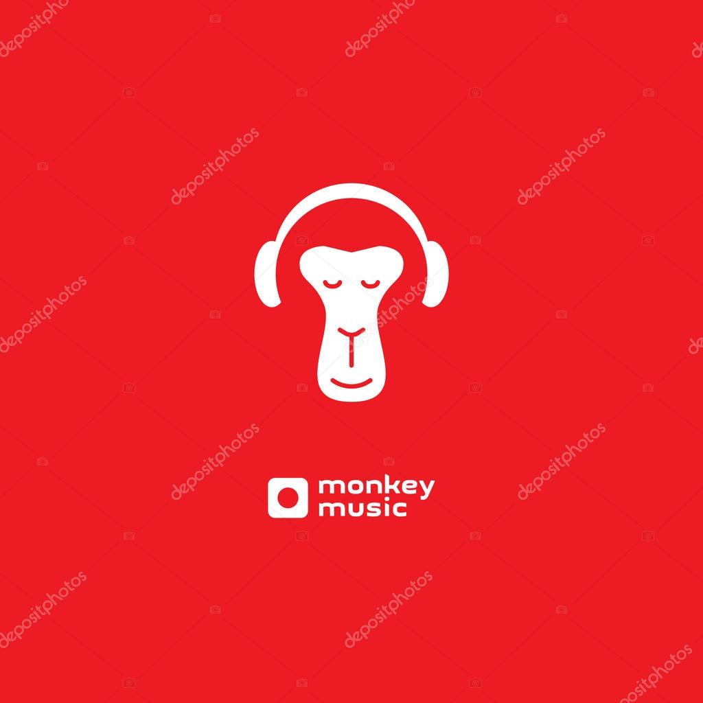 Monkey enjoys the music. Relaxing monkey in headphones. Logo for music studio