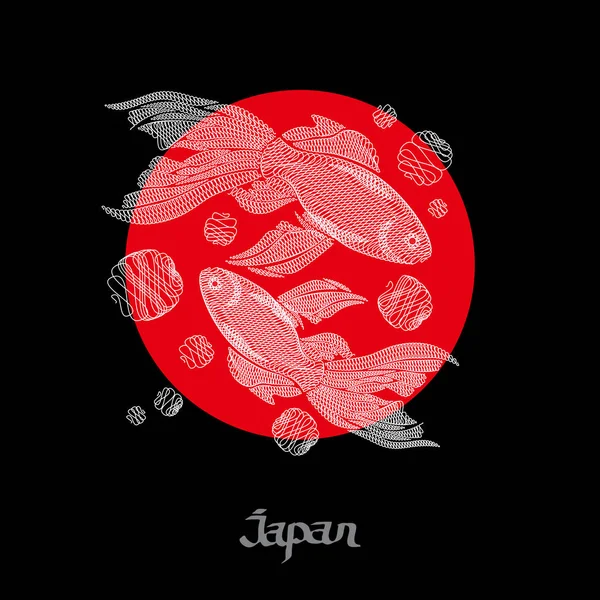 빨간색 동그라미에 수 놓은 물고기 — 스톡 벡터