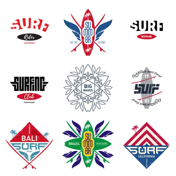 Set Etichette Emblemi Surf Vintage Stampa Attività All Aperto Illustrazione — Vettoriale Stock