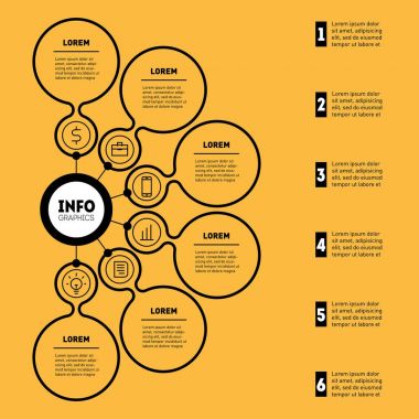 İş sunma ya da Infographic 6 seçeneği ile. Web şablonu grafik, US veya diyagram 6 adımları ile. Vektör teknolojisi veya eğitim süreci infographics ya da zihin haritası