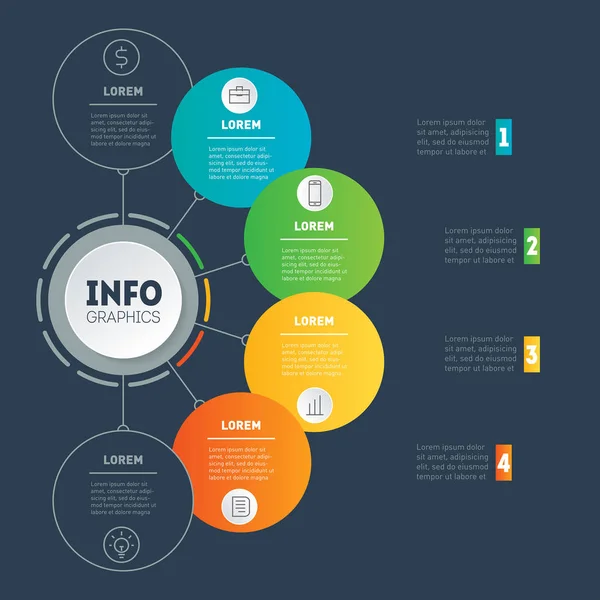 Infográfico Linha Tempo Com Ícones Coloridos Botões Fundo Escuro Ilustração — Vetor de Stock