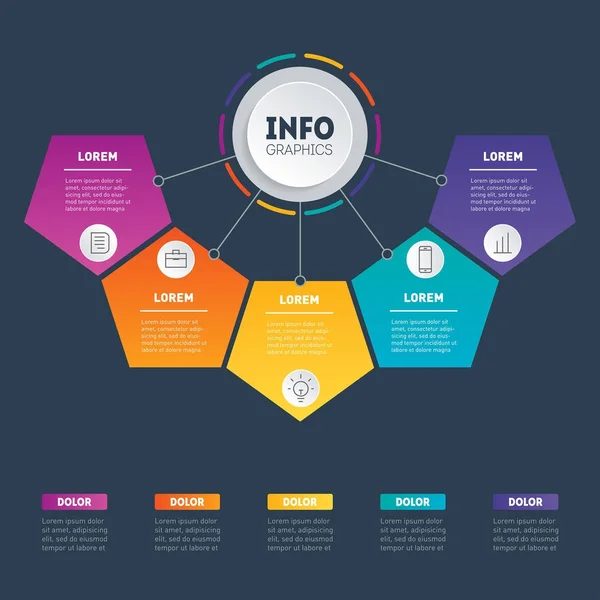 Infographie Chronologique Avec Icônes Colorées Boutons Sur Fond Sombre Illustration — Image vectorielle