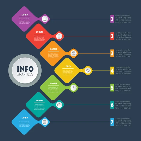 Timeline Infografik Mit Bunten Symbolen Und Schaltflächen Auf Dunklem Hintergrund — Stockvektor