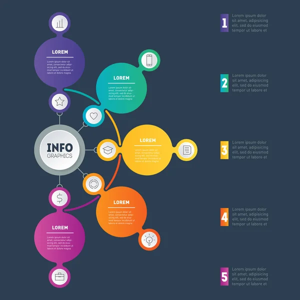 Tidslinjen Infographic Med Färgglada Ikoner Och Knappar Mörk Bakgrund Vektorillustration — Stock vektor