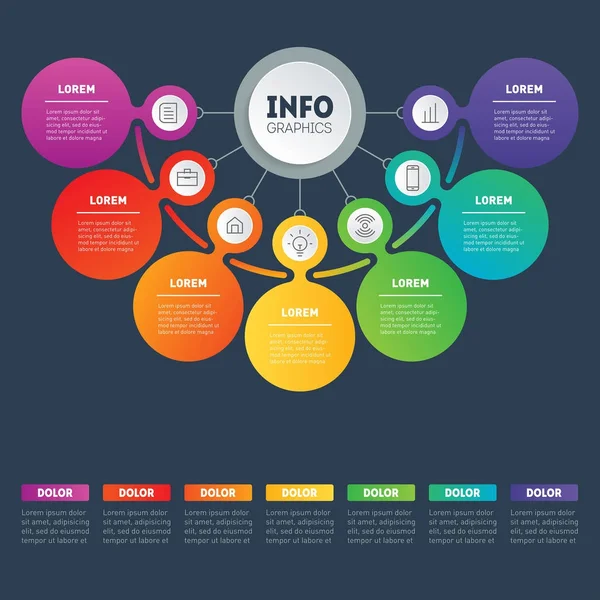 Infografika Osi Czasu Kolorowe Ikony Przyciski Ciemnym Tle Ilustracji Wektorowych — Wektor stockowy