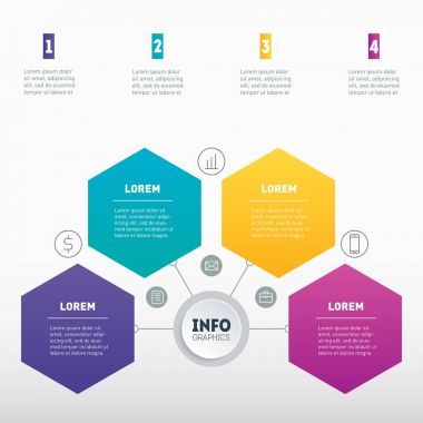 Yıllık raporun bir parçası. İş grafik 4 seçeneği ile sunma ya da bilgi. Vektör infographics teknolojisi veya eğitim sürecinin. Web şablonu grafik, US veya diyagramı