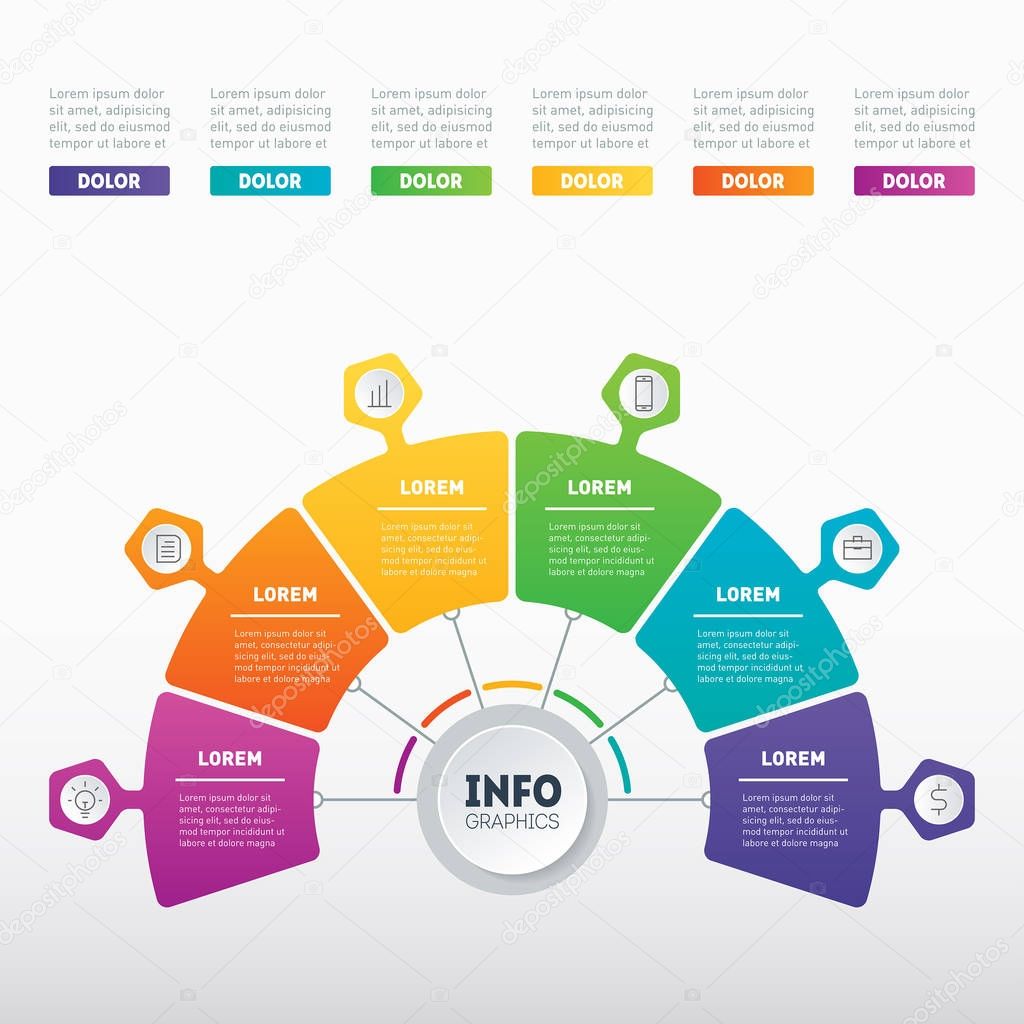 Business presentation or infographic with 6 options. Vector infographics with 6 parts of technology or education process. Web Template of a chart, info graphic, mindmap, annual report or diagram