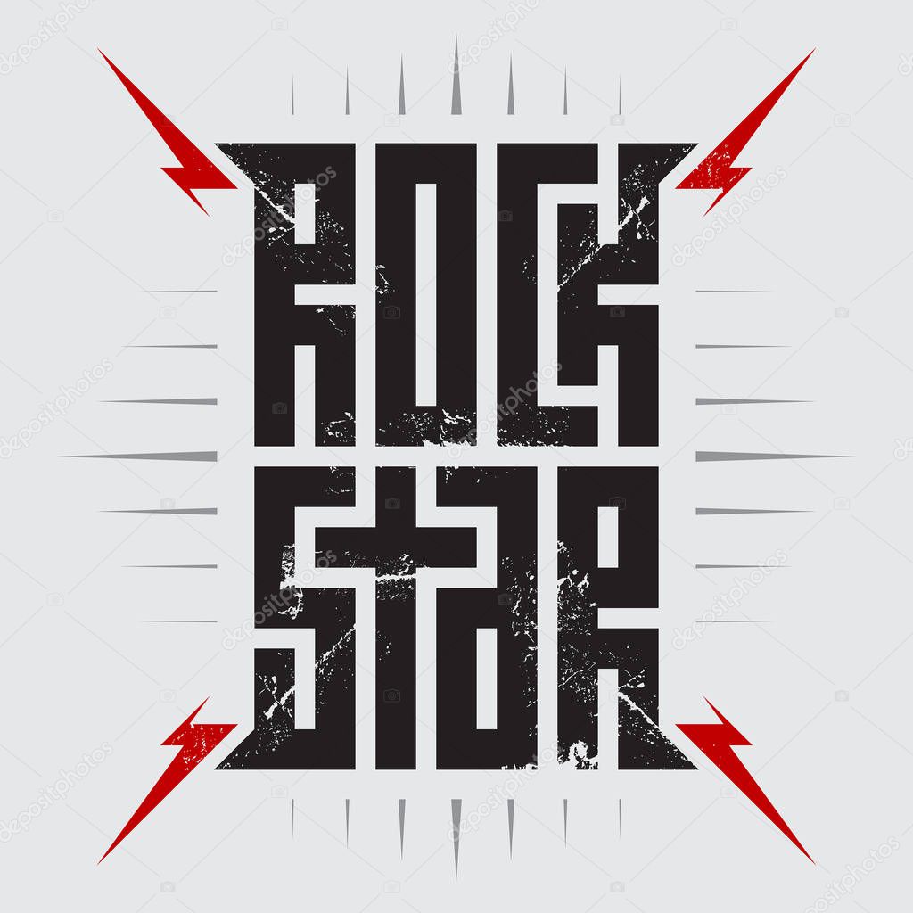 Rockstar - music poster with red lightnings and stars. Rock Star - t-shirt design. T-shirt apparels cool print