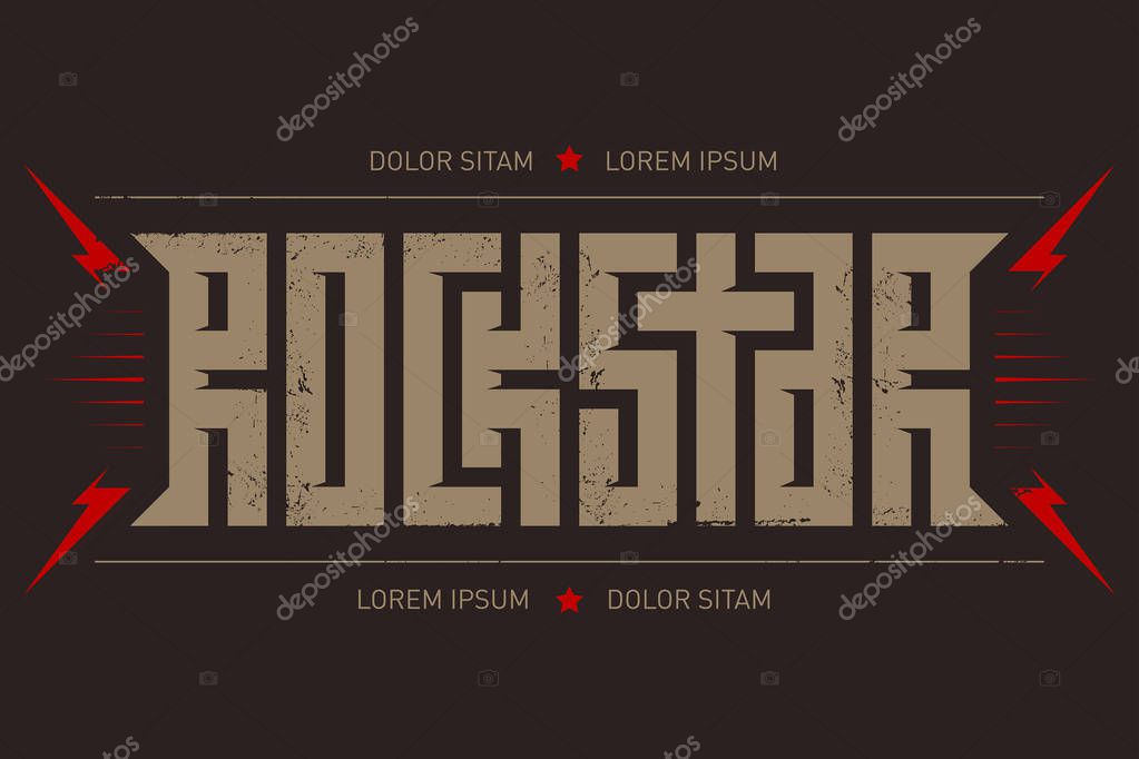 Rockstar - music poster with red lightnings and stars. Rock Star - t-shirt design. T-shirt apparels cool print
