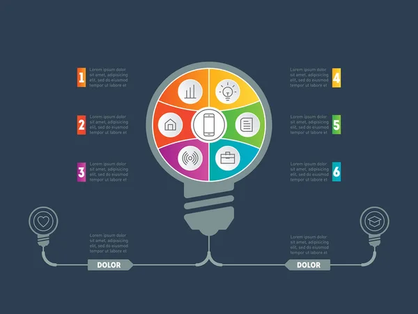 Websjabloon Bedrijfspresentatie Infographic Met Zes Opties Delen Van Technologieën Onderwijsproces — Stockvector