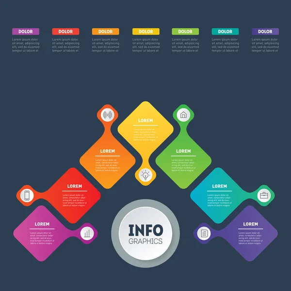 Web template of business presentation or infographic with seven options, parts of technologies or education process, vector illustration on black background