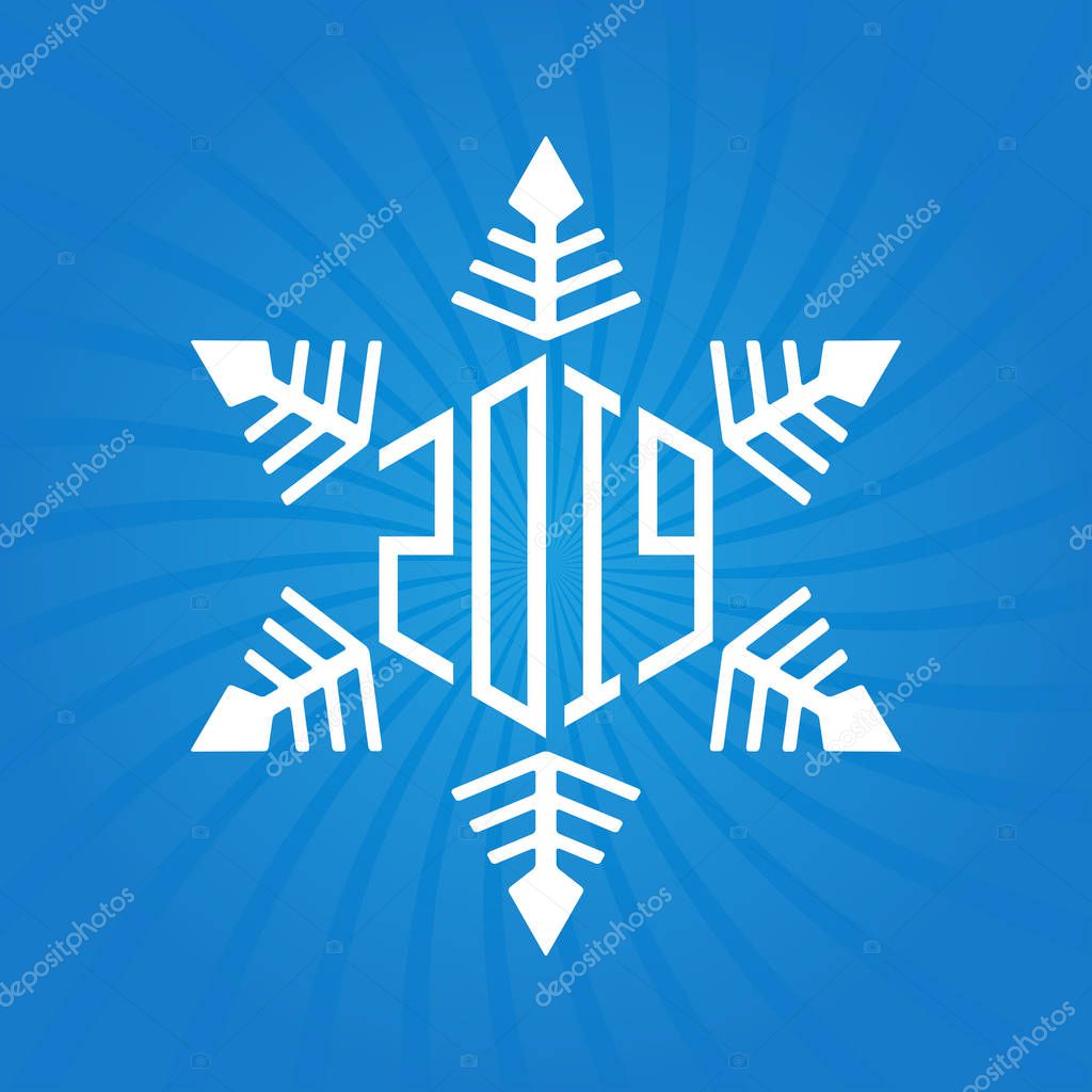 Web template for invitation of New Year 2019 inside snowflake, vector illustration or logotype on blue background