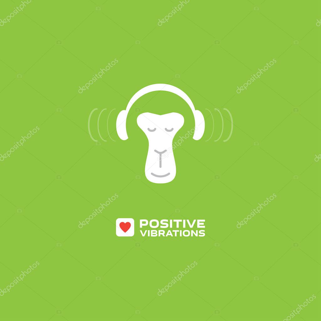 Monkey in headphones logo on green background, vector illustration