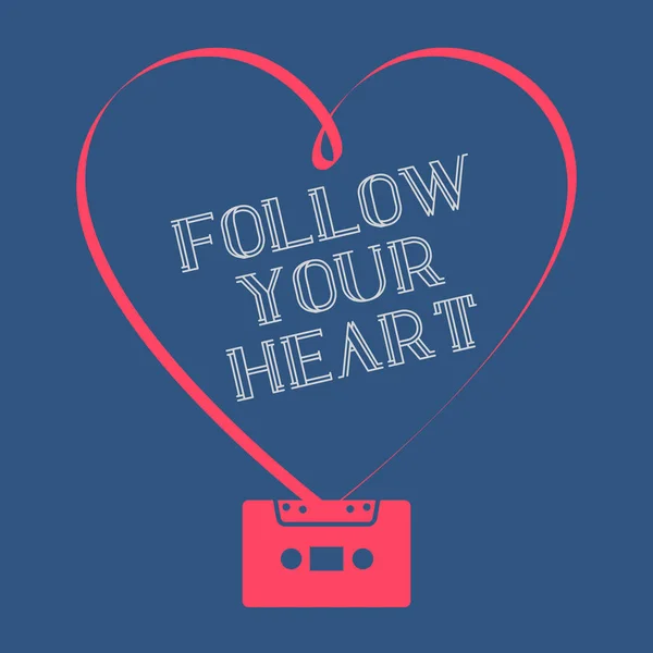 海报与文字跟随您的心脏与红色卡带在蓝色背景 — 图库矢量图片