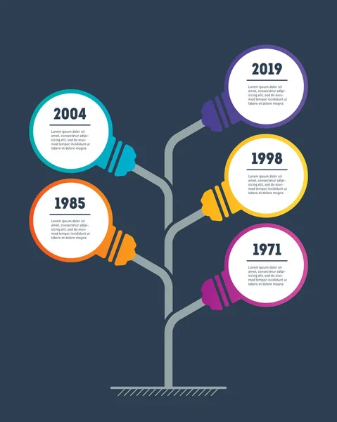 Zaman Çizelgesi Infographics Ağacıyla Yuvarlak Lambalar Koyu Gri Arka Plan — Stok Vektör
