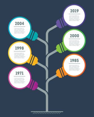 Zaman çizelgesi infographics ağacıyla yuvarlak lambalar koyu gri arka plan üzerinde.