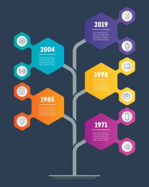 Zaman çizelgesi infographics ağacında koyu gri arka plan üzerinde altıgen lambaları.
