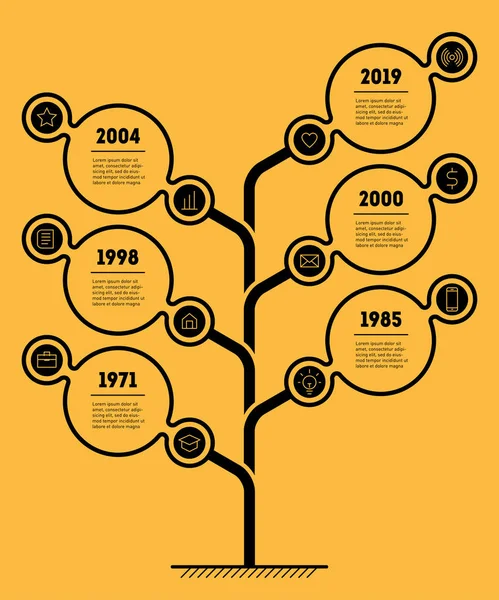 Κατακόρυφη Λωρίδα Χρόνου Infographics Περίγραμμα Γύρο Λαμπτήρες Πορτοκαλί Φόντο — Διανυσματικό Αρχείο