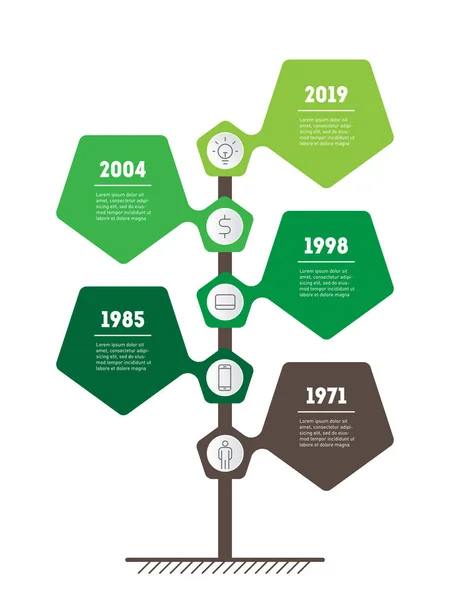 Infografías Línea Tiempo Colores Verdes Formas Hexagonales — Archivo Imágenes Vectoriales