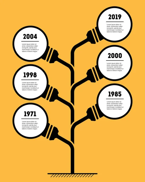 Infografías Línea Tiempo Vertical Con Lámparas Blancas Sobre Fondo Naranja — Archivo Imágenes Vectoriales