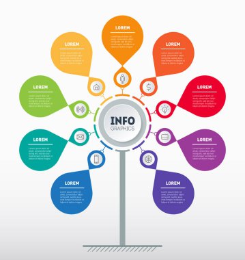 9 seçenekli iş sunumu veya bilgi grafikleri konsepti. Çiçek şeklindeki çizelge. Dokuz adımlı teknoloji ya da eğitim süreci bilgisi. Vektör.
