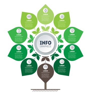9 seçenekli iş sunumu veya bilgi grafikleri konsepti. Çiçek şeklindeki çizelge. Dokuz adımlı teknoloji ya da eğitim süreci bilgisi. Vektör.