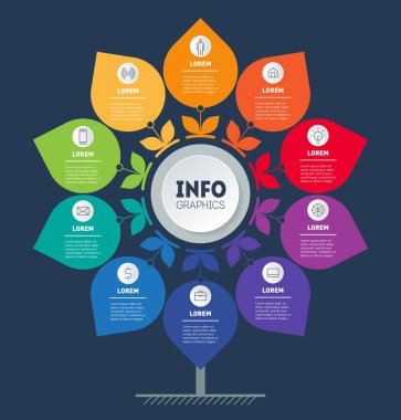 Koyu arkaplanda yuvarlak renkli zaman çizgisi ağacı. İş vektörü tasarımı.