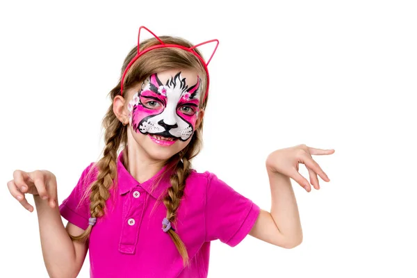 Little girl posing with painted mask — Stock Photo, Image